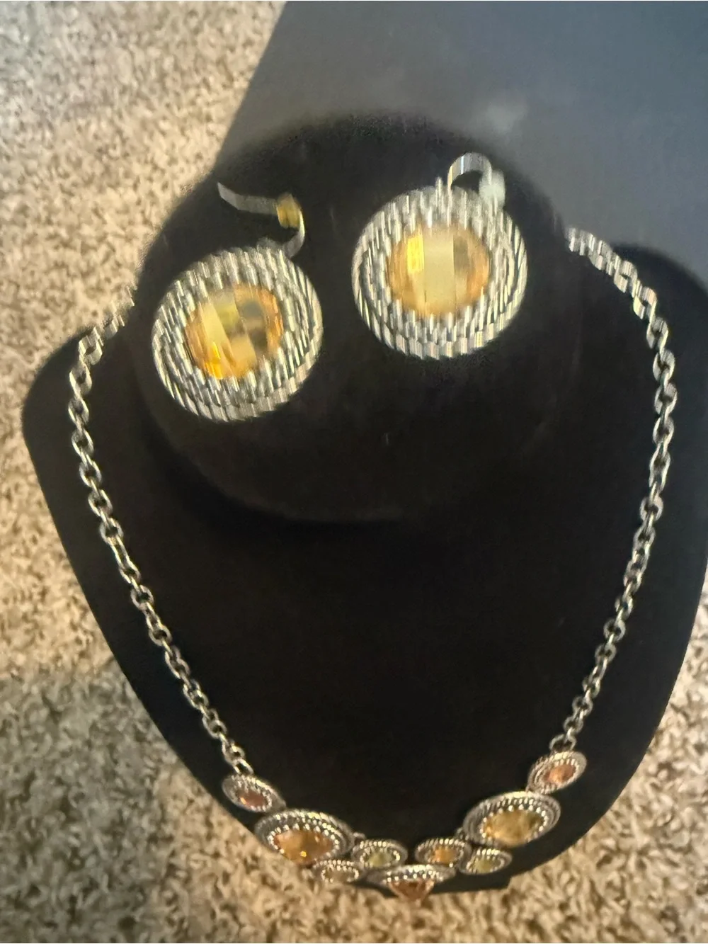 Gold-Tone Amber Crystal Statement Necklace and Earrings Set 11